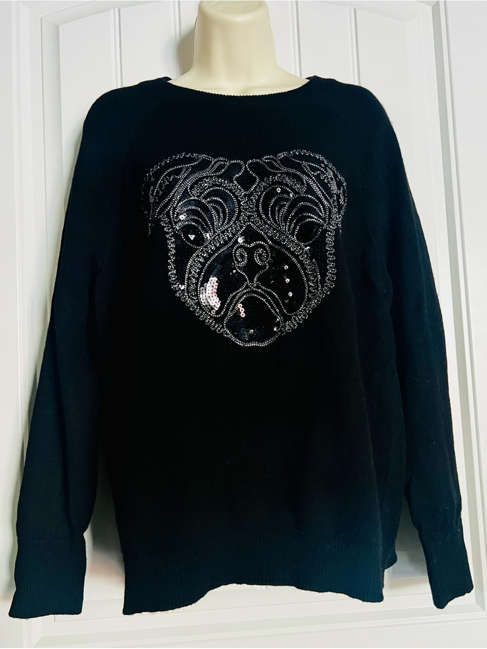 H&M Black Beaded Sweater with Sequin Pug Motif